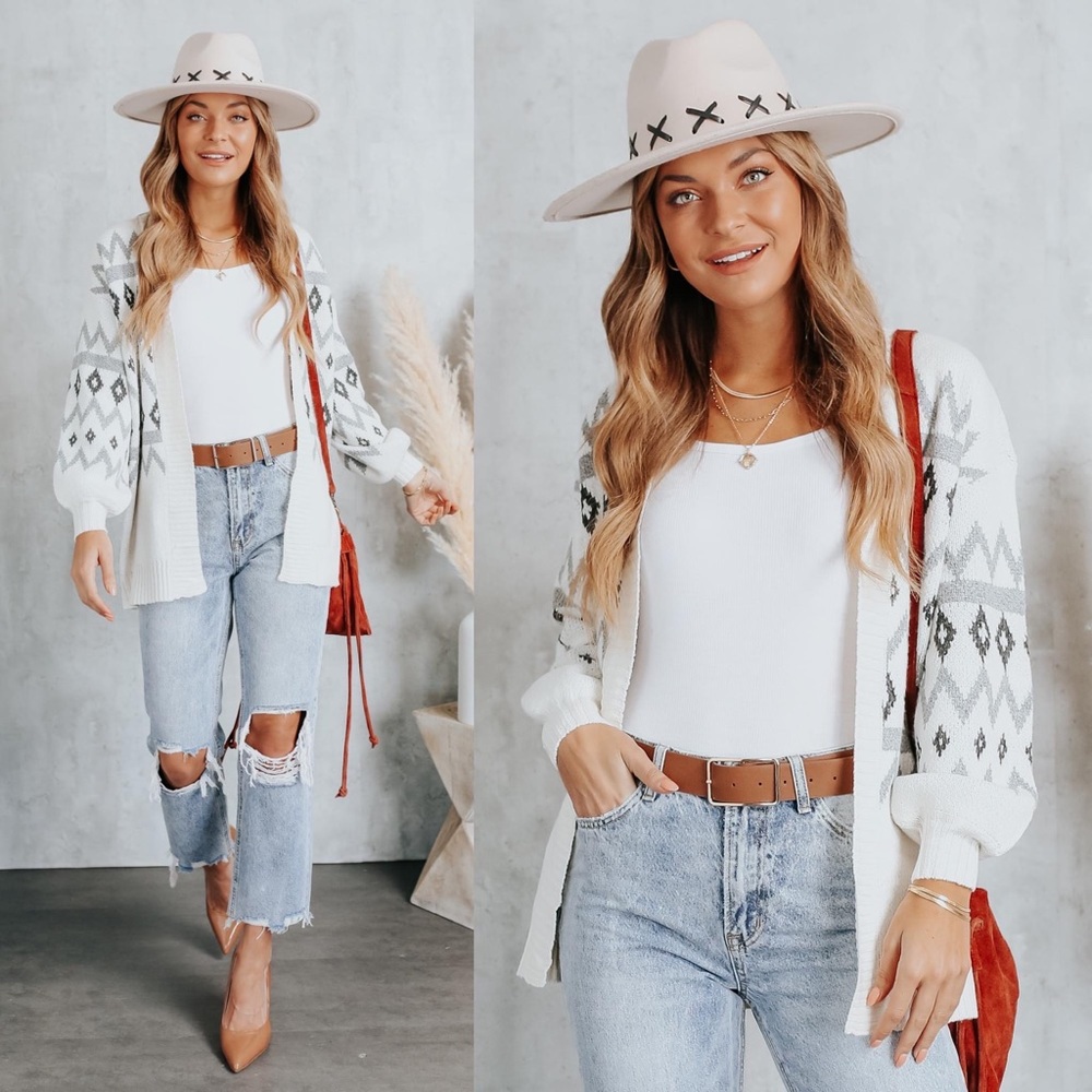 Open Front Ivory Aztec Cardigan